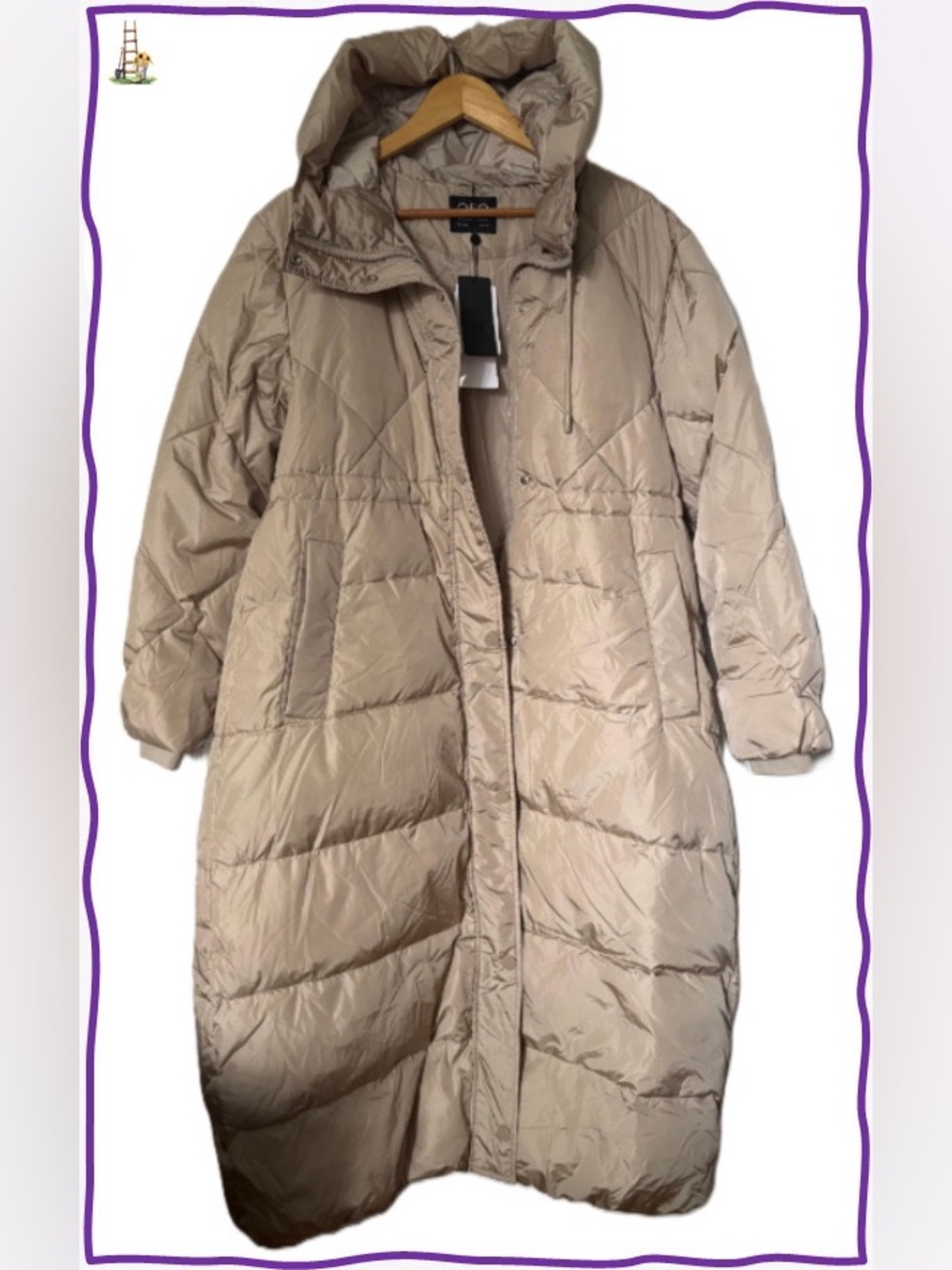 QSQ Women's Long Hooded Quilted Puffer Coat Zip/Snap Pockets Beige 42 (M)